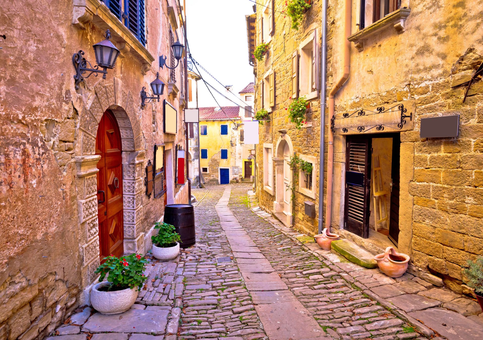 Groznjan cobbled street and old architecture view, Istria region of Croatia